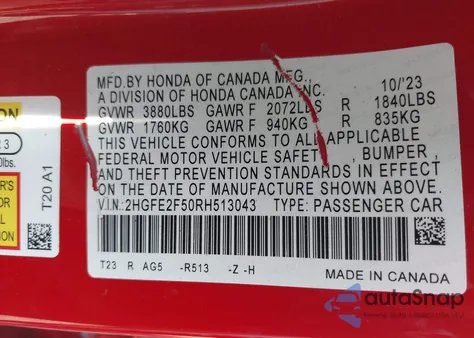 2024 Honda Civic Sport z USA, uszkodzony, nr VIN 2HGFE2F50RH513043